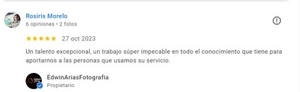 Reseña de Google de Rosiris Morelo: Un talento excepcional, un trabajo súper impecable en todo el conocimiento que tiene para aportarnos a las personas que usamos su servicio.